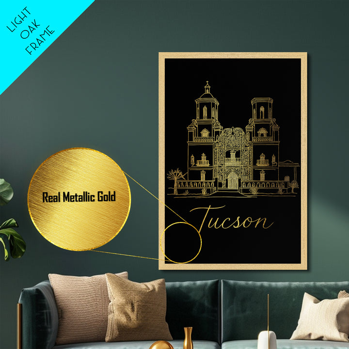 Tucson Arizona Art, Metallic Gold Art, Wood Framed Art, Metal Art, Minimalist Wall Art, Anniversary Travel Gift, Bedroom Decor