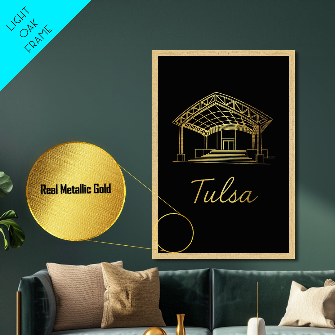 Tulsa Oklahoma Art, Metallic Gold Art, Wood Framed Art, Metal Art, Modern House Art, Birthday Travel Gift, Living Room Decor