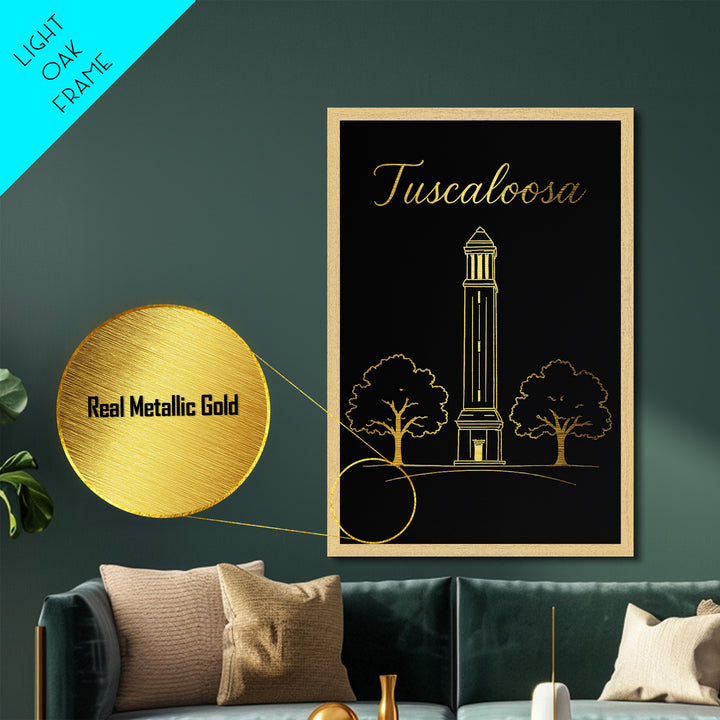 Tuscaloosa Alabama Travel, Metallic Gold Print, Wood Framed Art, Metal Art, Minimalist Wall Art, Destination Gift, Home Decor
