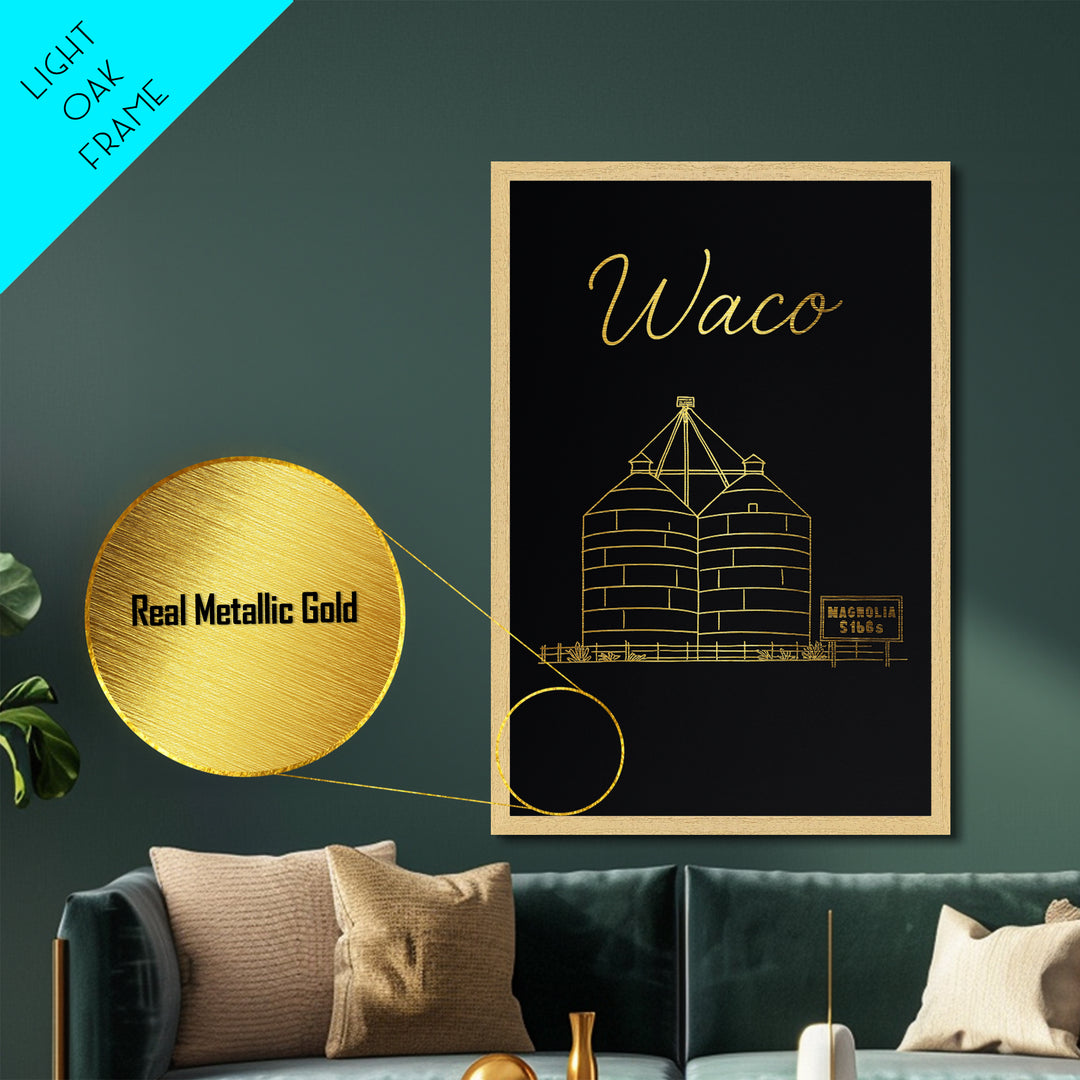 Waco Texas Travel, Metallic Gold Print, Wood Framed Art, Metal Art, Minimalist Wall Art, Honeymoon Gift, Office Decor
