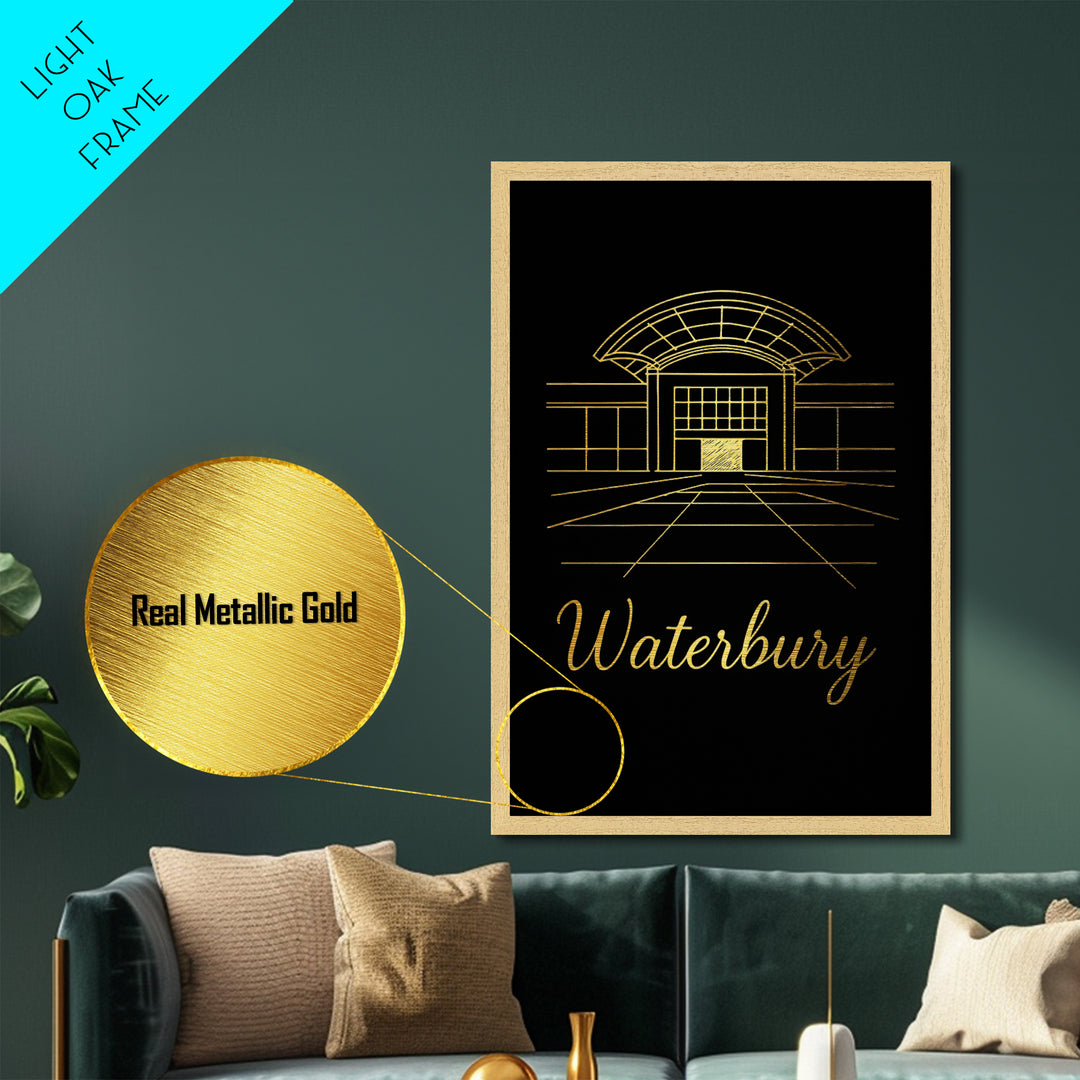 Waterbury Connecticut Travel, Metallic Gold Print, Wood Framed Art, Metal Art, Minimalist Wall Art, Honeymoon Gift, Living Room Decor