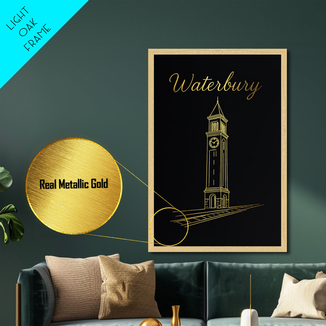Waterbury Connecticut Travel, Metallic Gold Print, Wood Framed Art, Metal Art, Modern Wall Art, Retirement Travel Gift, Office Decor