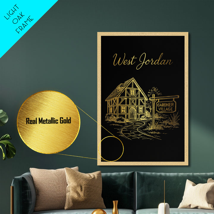 West Jordan Utah Art, Metallic Gold Art, Wood Framed Art, Metal Art, Modern House Art, Birthday Travel Gift, Living Room Decor