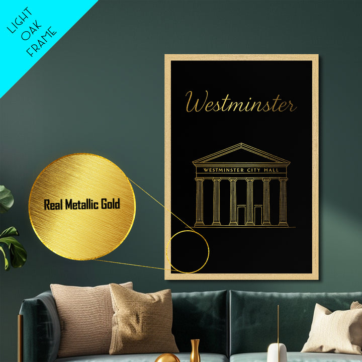 Westminster California Travel, Metallic Gold Print, Wood Framed Art, Metal Art, Modern Wall Art, Graduation Travel Gift, Living Room Decor