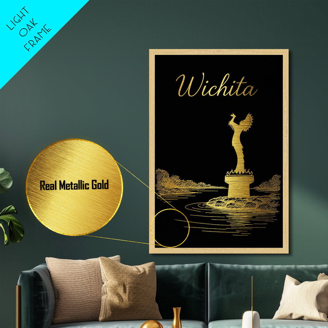 Wichita Kansas Travel, Metallic Gold Print, Wood Framed Art, Metal Art, Minimalist Wall Art, Destination Gift, Home Decor