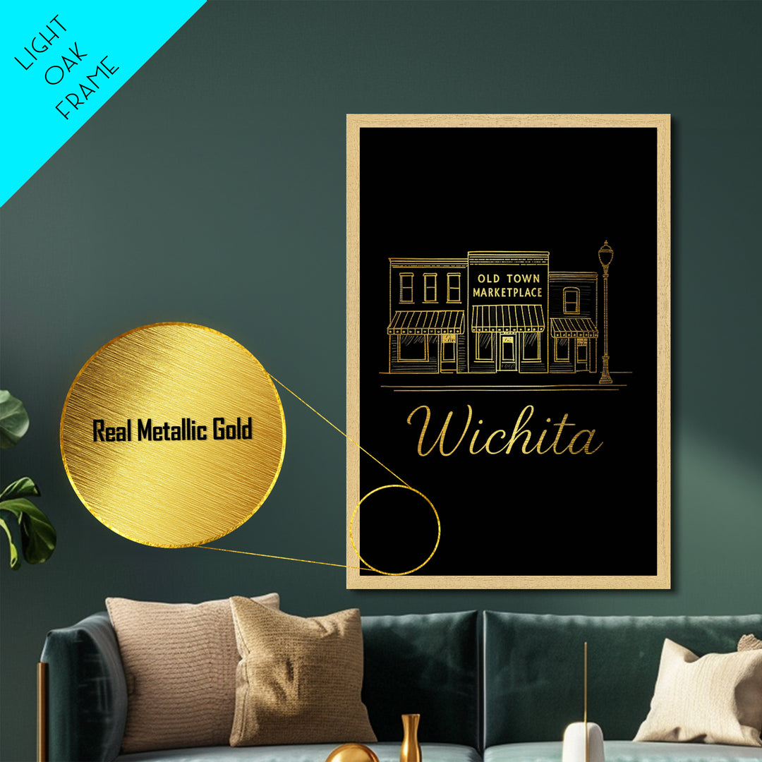 Wichita Kansas Art, Metallic Gold Art, Wood Framed Art, Metal Art, Modern House Art, Wanderlust Gift, Bedroom Decor