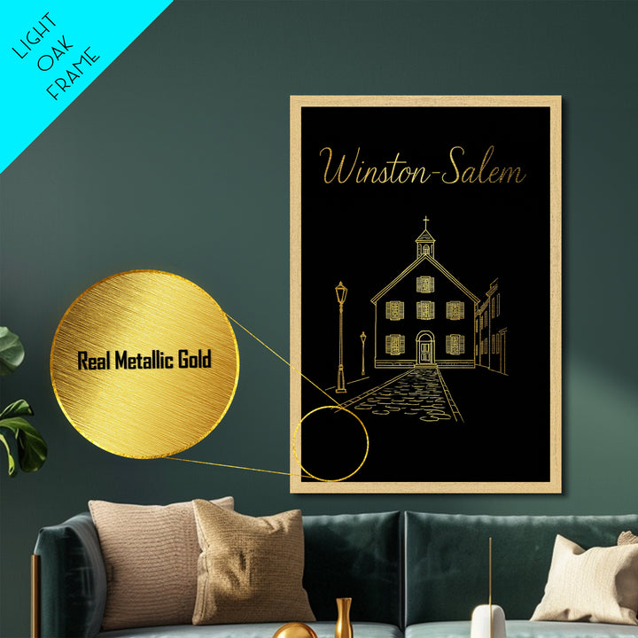 Winston Salem North Carolina Travel, Metallic Gold Print, Wood Framed Art, Metal Art, Modern House Art, Wanderlust Gift, Bedroom Decor