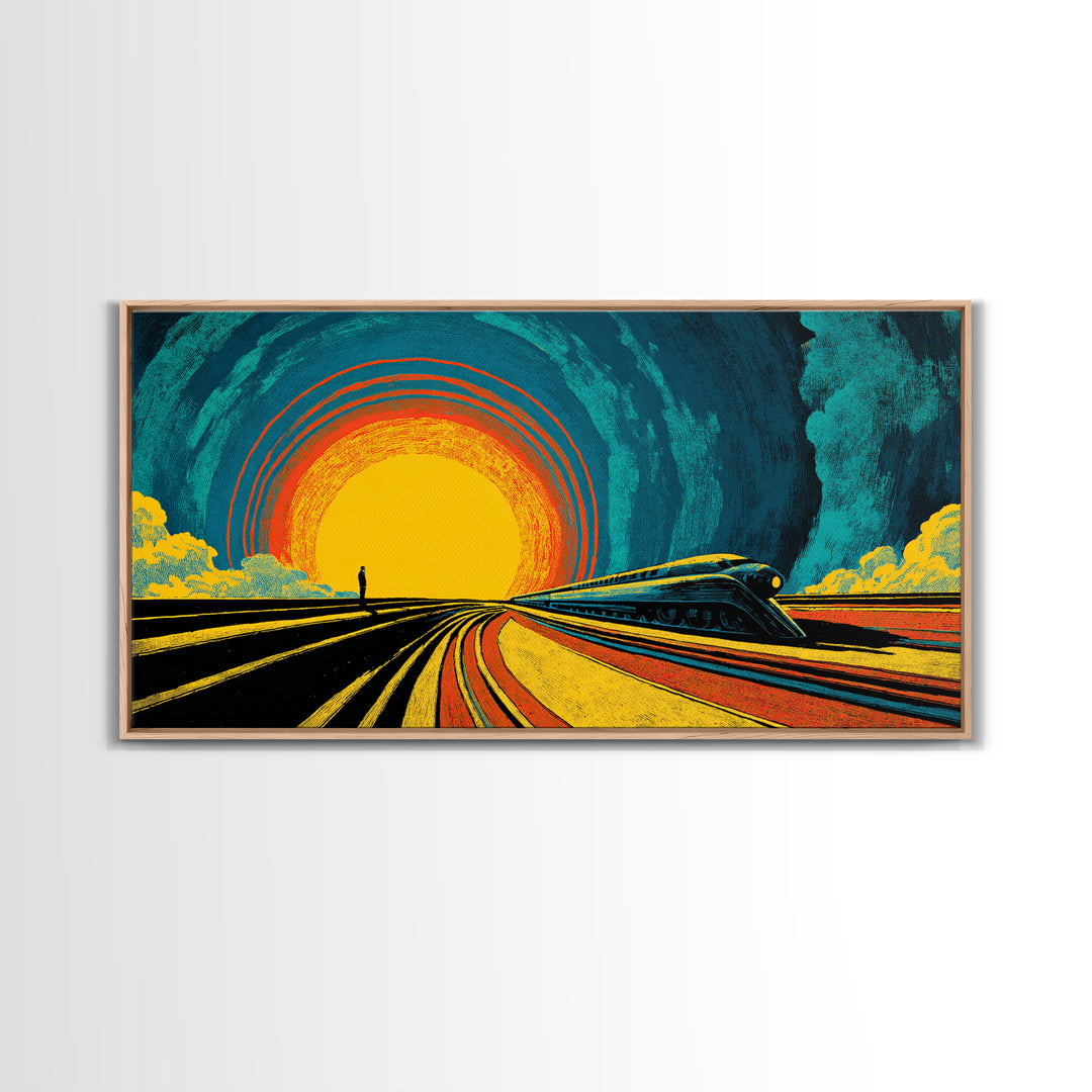 Futuristic Train Sunset Wall Art, Retro Sci Fi Railway Poster, Midcentury Modern Decor, MCM Wall Decor, Bold Orange Blue Print