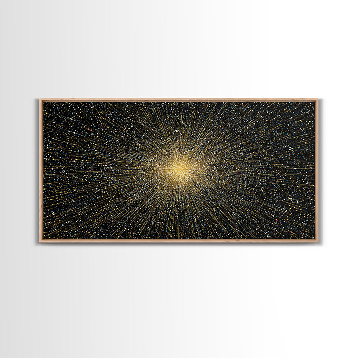 Golden Particle Explosion Wall Art, Radiant Starburst Abstract, Modern Art Print, Black Gold Space Poster, Office Decor Gift