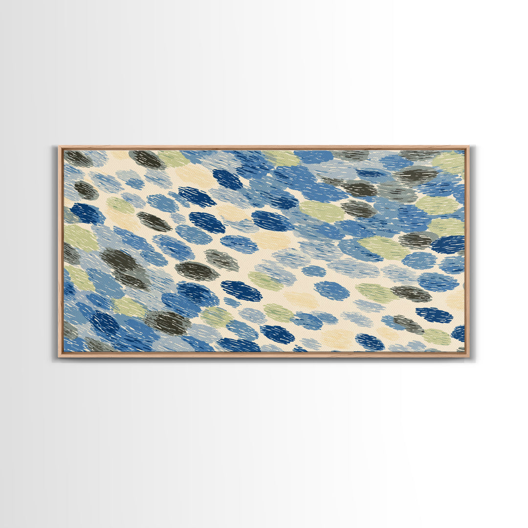 Blue Gray Brush Dot Abstract Wall Art, Midcentury Modern Art Print, Minimalist Retro Decor, Coastal Geometric Poster For Home