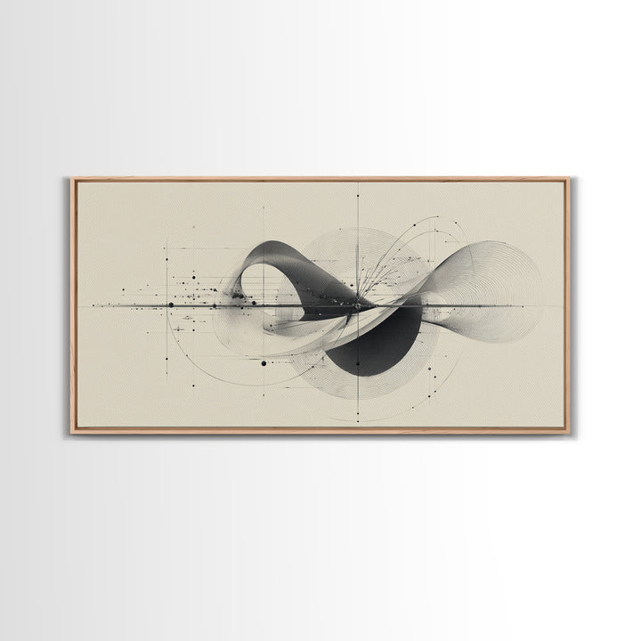 Beige Kinetic Wave Diagram Framed Canvas Print, Modern Abstract Wall Decor, Architectural Line Art Poster For Office Home