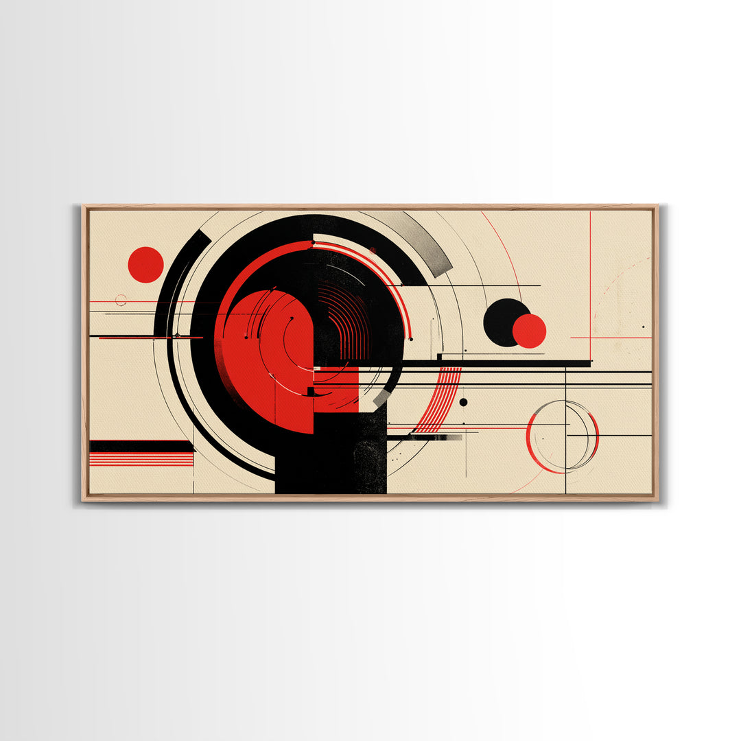 Red Black Circular Abstract Canvas Print, Mid Century Modern Wall Decor, Geometric Bauhaus Poster, Atomic Retro Artwork Print