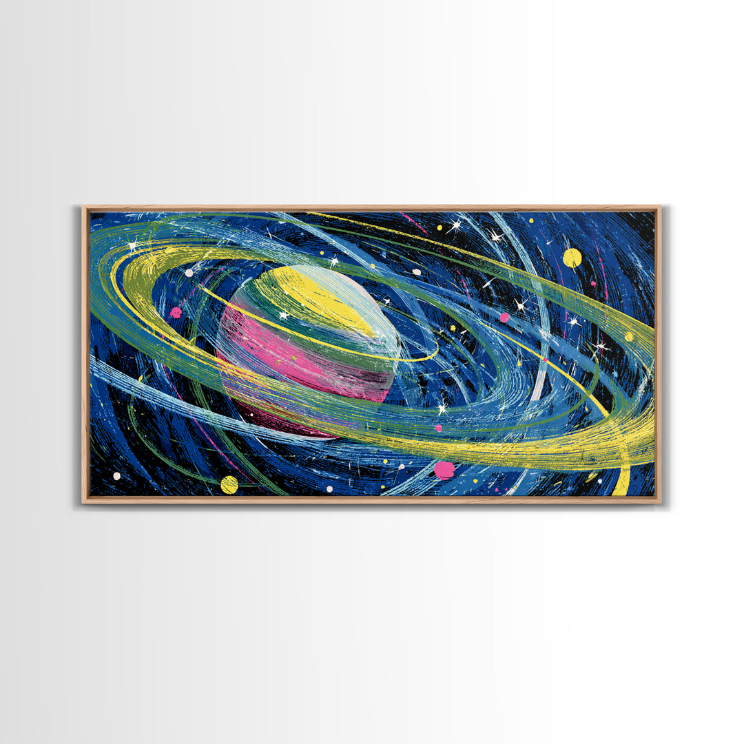 Colorful Ringed Planet Wall Art, Retro Sci Fi Space Poster, Cosmic Mid Century Modern Art Print, Kids Room Galaxy Decor Gift
