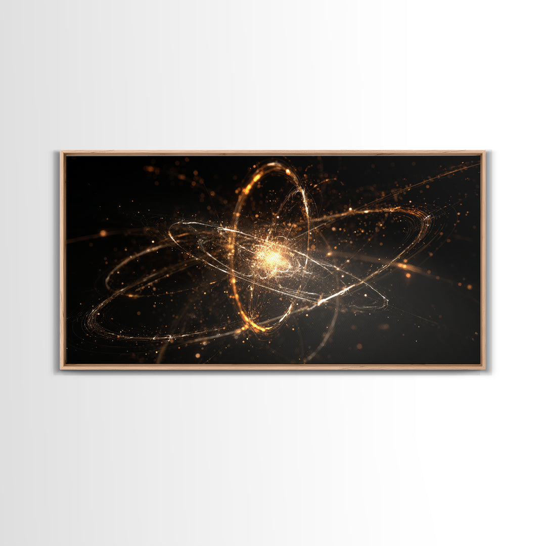Golden Atomic Orbit Wall Art, Modern Abstract Space Poster, Cosmic Particle Artwork, Black Gold Home Office Decor Print Gift