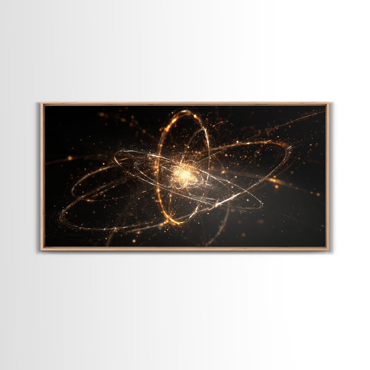 Golden Atomic Orbit Wall Art, Modern Abstract Space Poster, Cosmic Particle Artwork, Black Gold Home Office Decor Print Gift