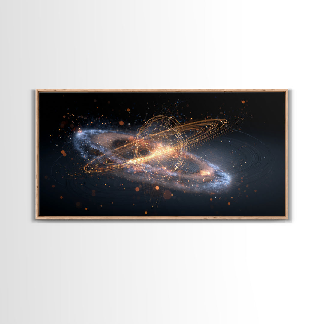 Golden Cosmic Galaxy Wall Art, Saturn Ring Space Abstract Poster, Modern Sci Fi Decor, Large Canvas Print For Home Office