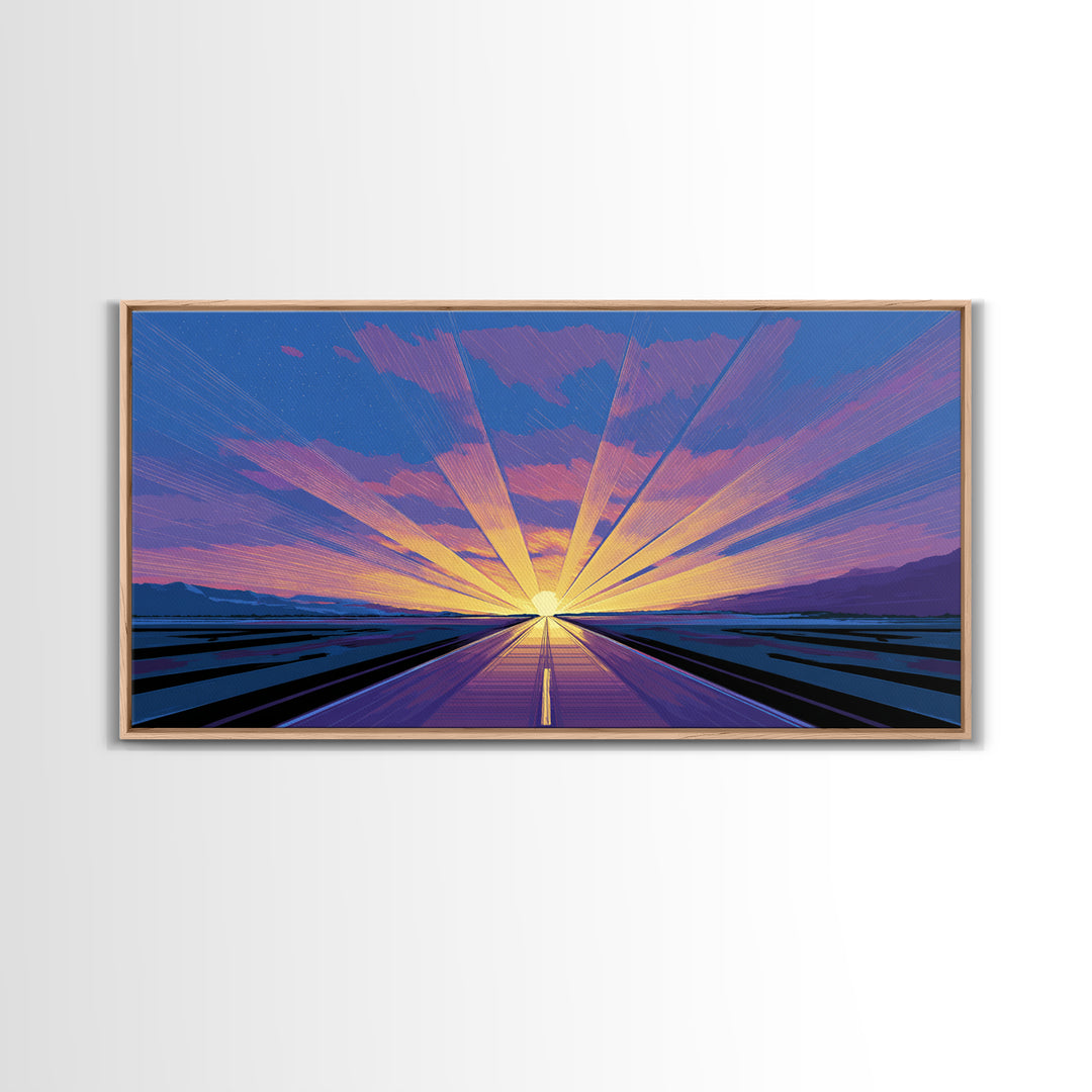 Radiant Road Sunset Canvas Print, Purple Blue Horizon Rays, Retro Travel Poster, Modern Wall Art, Midcentury Decor, Home Office Art