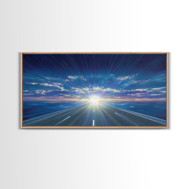 Blue Highway Light Burst Canvas Print, Radiant Horizon Road, Modern Abstract Art, Retro Wall Art, Home Office Decor, Large Prints