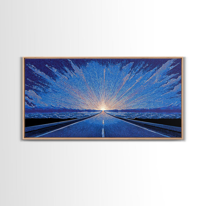 Icy Blue Road Sunrise Wall Art, Winter Horizon Light Burst, Modern Digital Art, Retro Poster, Statement Wall Decor, Home Office Art