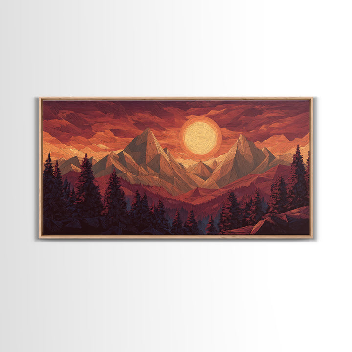 Orange Sun Mountain Forest Framed Canvas Print, Retro Landscape Poster, Midcentury Wall Art, Rustic Cabin Decor, Living Room Art