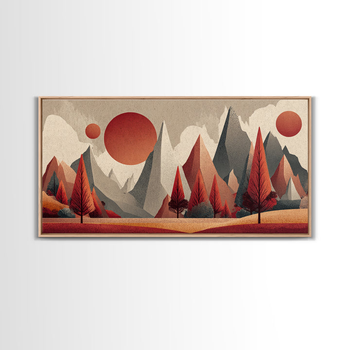 Red Pine Mountain Sunrise Wall Art, Midcentury Modern Abstract Landscape Print, Retro MCM Cabin Decor, Framed Canvas Print