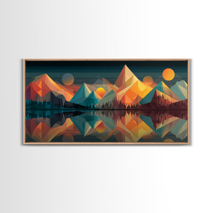 Colorful Geometric Mountain Lake Canvas Print, Midcentury Modern Wall Art, Abstract Landscape Poster, Retro MCM Cabin Home Decor