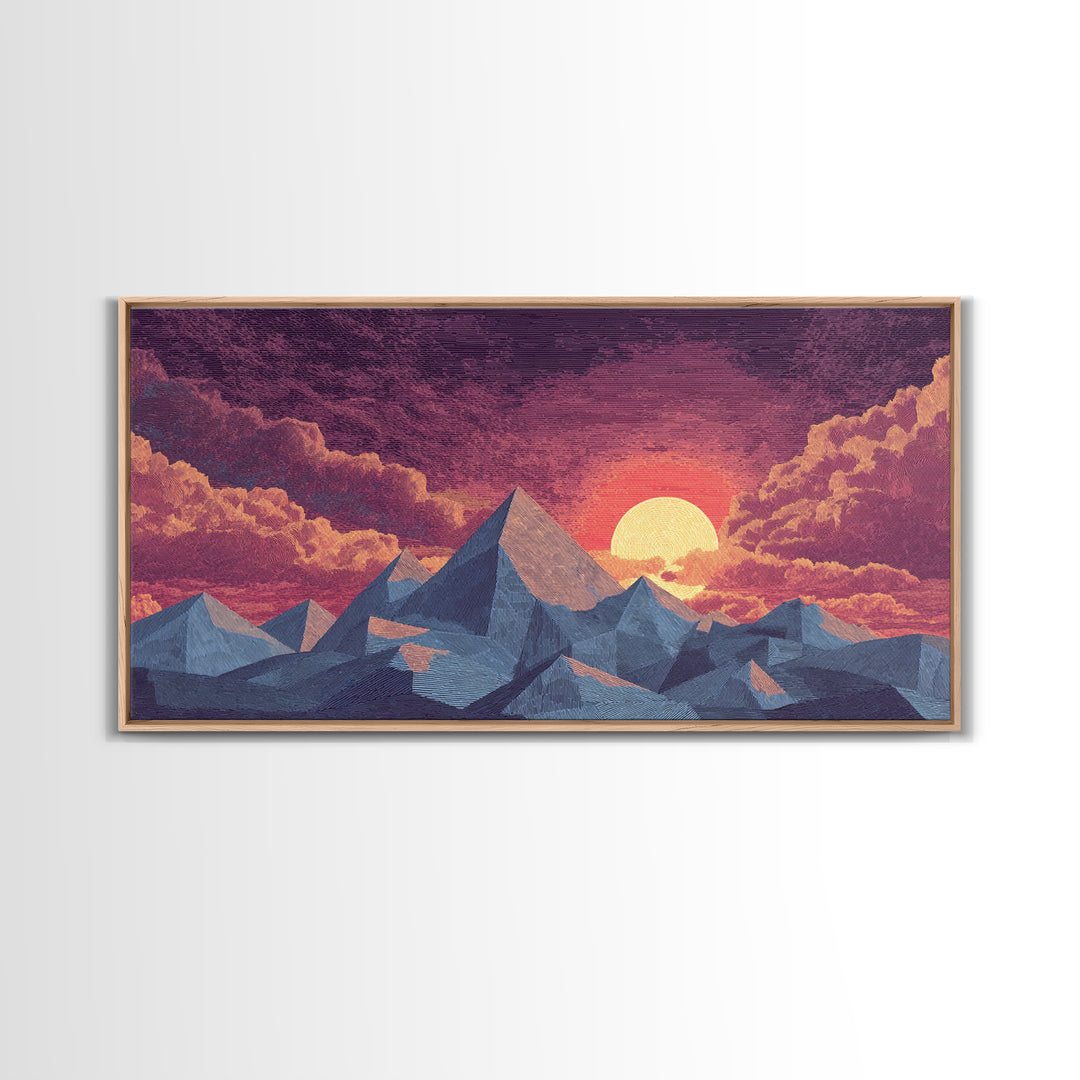 Textured Purple Mountain Sunset Wall Art, Retro Midcentury Modern Landscape Print, Scenic Bedroom Decor, Framed Canvas Print