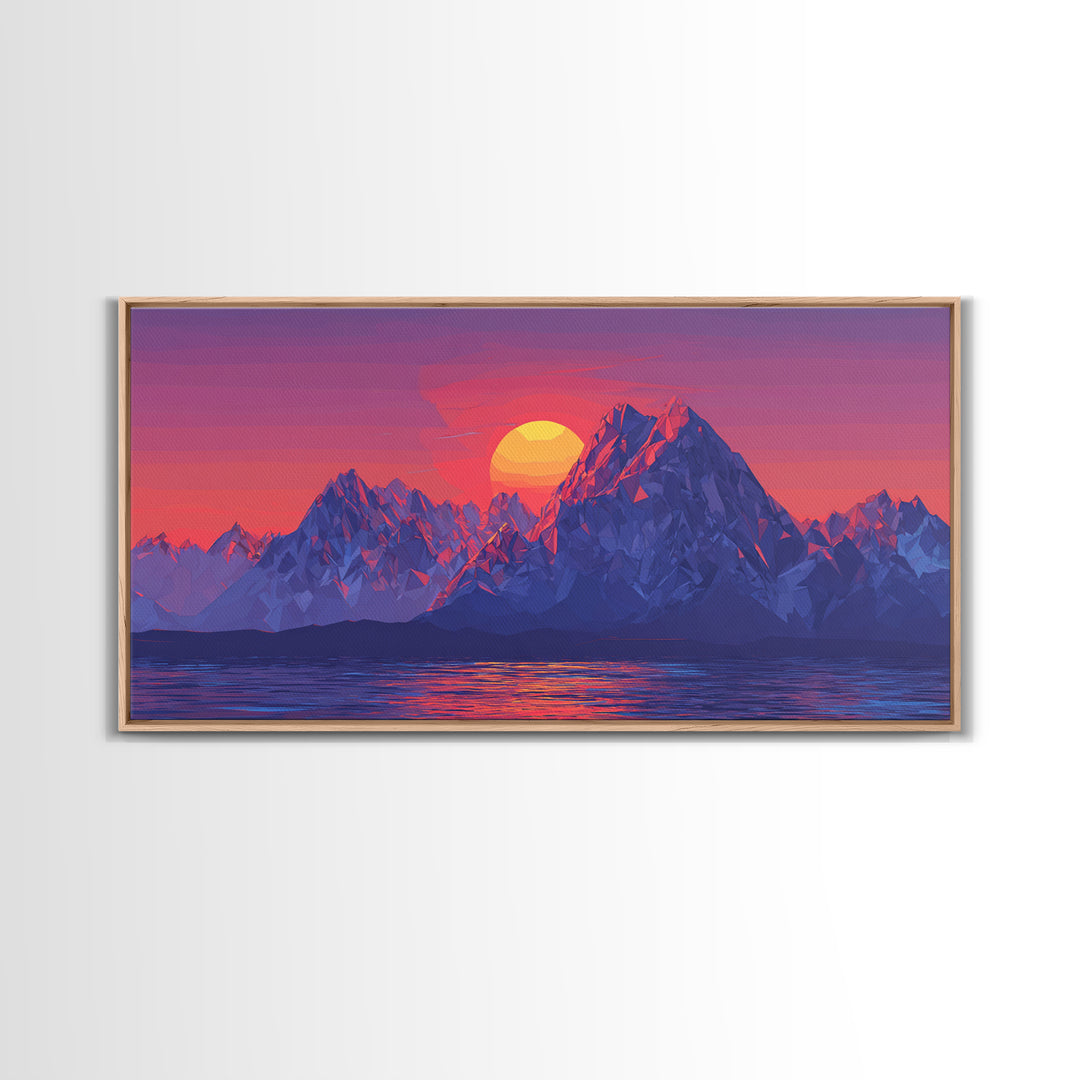 Alpine Mountain Lake Sunset Canvas Print, Blue Purple Landscape Wall Art, Modern Retro Poster, Bedroom Home Office Decor