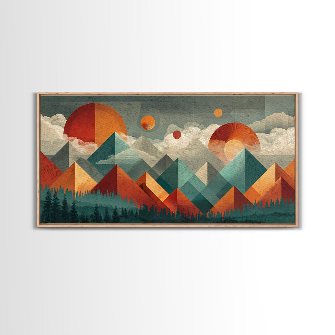 Orange Teal Geometric Mountain Suns Wall Art, Midcentury Modern Abstract Landscape Print, Retro MCM Home Decor, Canvas Print
