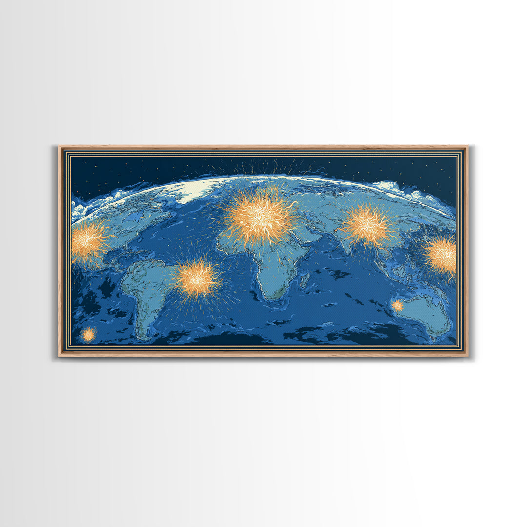 Blue World Map With Orange Network Bursts Wall Art, Modern Global Travel Print, Large Home Office Decor, Framed Canvas Print