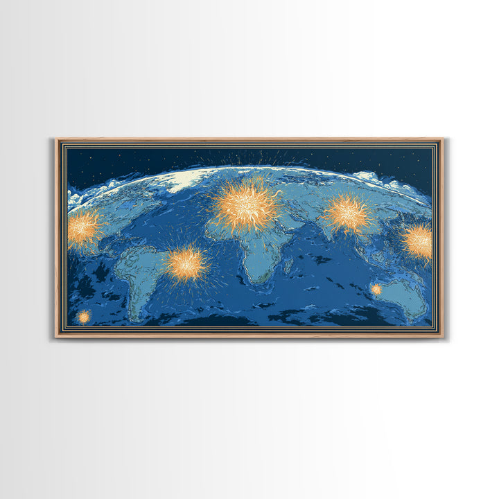 Blue World Map With Orange Network Bursts Wall Art, Modern Global Travel Print, Large Home Office Decor, Framed Canvas Print