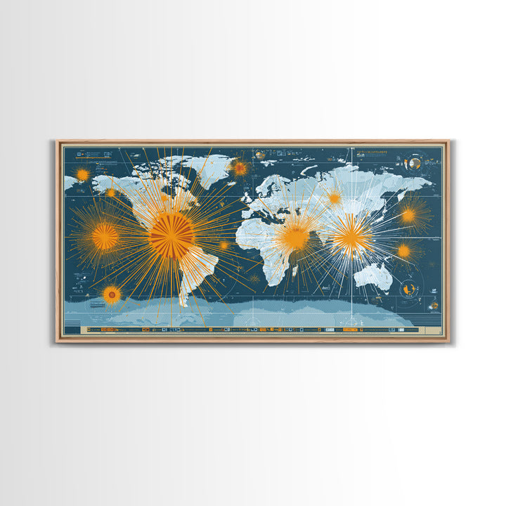 Detailed Blue World Map Network Canvas Print, Modern Office Wall Art, Global Travel Poster, Large Home Decor, Digital Art Print