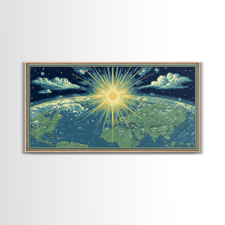 Radiant Sunrise World Map Wall Art, Celestial Earth Poster, Midcentury Modern Art Print, Starry Travel Decor For Living Room