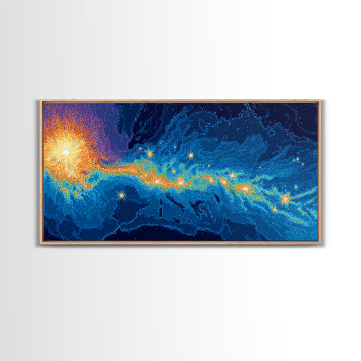 Cosmic Energy Map Wall Art, Blue Orange Abstract Poster, Modern Digital Art Print, Sci Fi Travel Decor For Bedroom And Office