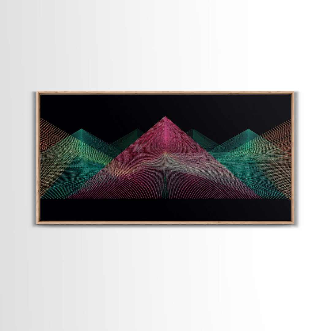 Neon Wireframe Pyramid Wall Art, Sci Fi Abstract Poster, Modern Digital Art Print, Black Retro Decor For Gaming Room Or Studio