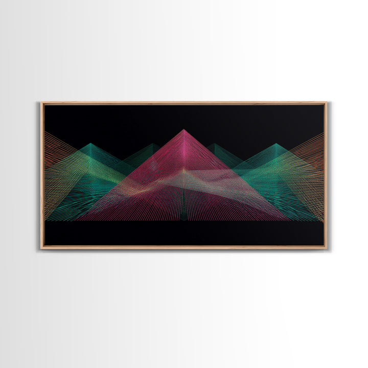 Neon Wireframe Pyramid Wall Art, Sci Fi Abstract Poster, Modern Digital Art Print, Black Retro Decor For Gaming Room Or Studio