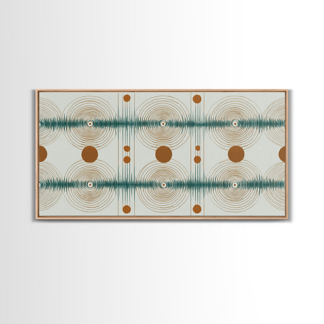 Teal Copper Atomic Sound Wave Framed Canvas Print, Midcentury Modern Art, Geometric Wall Art, Retro Home Office Decor Print