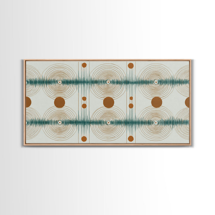 Teal Copper Atomic Sound Wave Framed Canvas Print, Midcentury Modern Art, Geometric Wall Art, Retro Home Office Decor Print