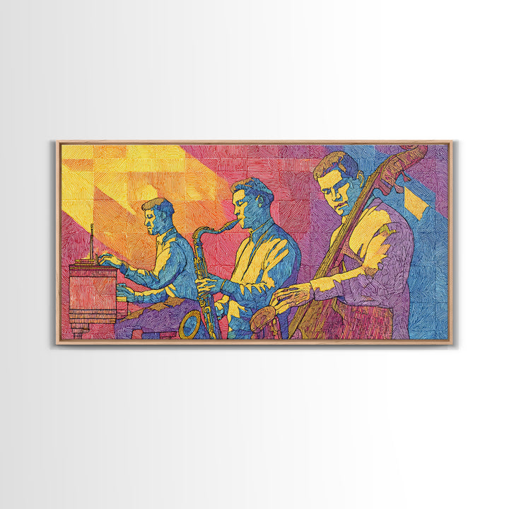 Bright Pop Art Jazz Trio Wall Art, Colorful Midcentury Modern Art Print, Saxophone Piano Bass, Studio Decor Poster Music Gift
