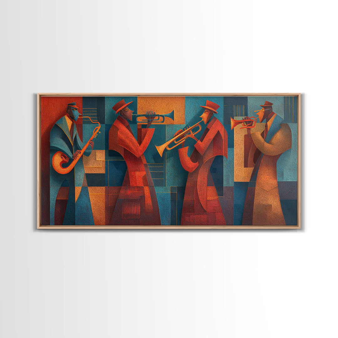 Red Teal Jazz Horn Ensemble Framed Canvas Print, Midcentury Modern Wall Art, Retro Music Poster, Masculine Decor Gift For Him