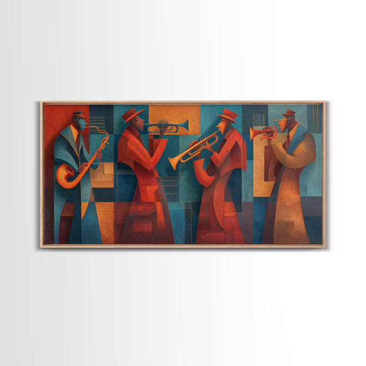 Red Teal Jazz Horn Ensemble Framed Canvas Print, Midcentury Modern Wall Art, Retro Music Poster, Masculine Decor Gift For Him