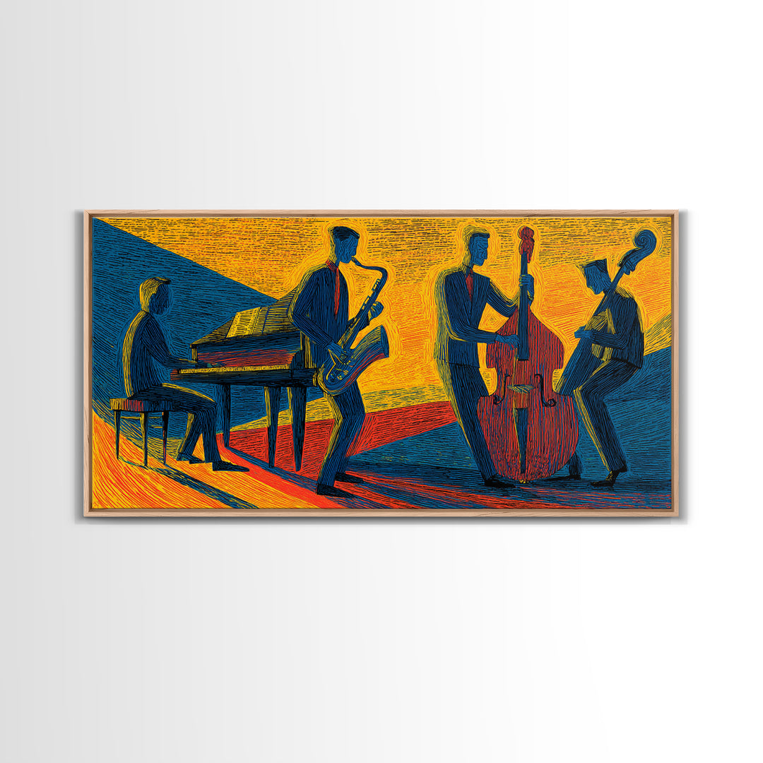 Yellow Blue Jazz Club Quartet Canvas Print, Midcentury Modern Art, Retro Wall Art, Sax Piano Bass Living Room Decor Poster