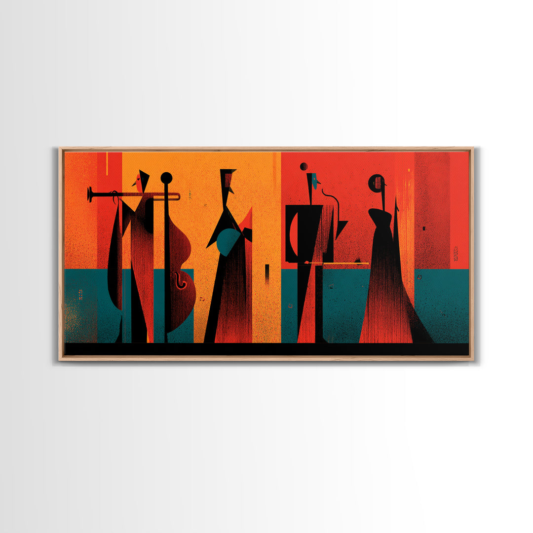 Orange Black Abstract Jazz Ensemble Wall Art, Midcentury Modern Poster, Atomic Art Print, Bold Geometric Home Decor For Musicians