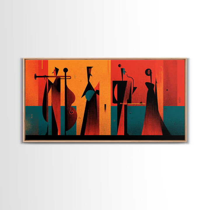Orange Black Abstract Jazz Ensemble Wall Art, Midcentury Modern Poster, Atomic Art Print, Bold Geometric Home Decor For Musicians