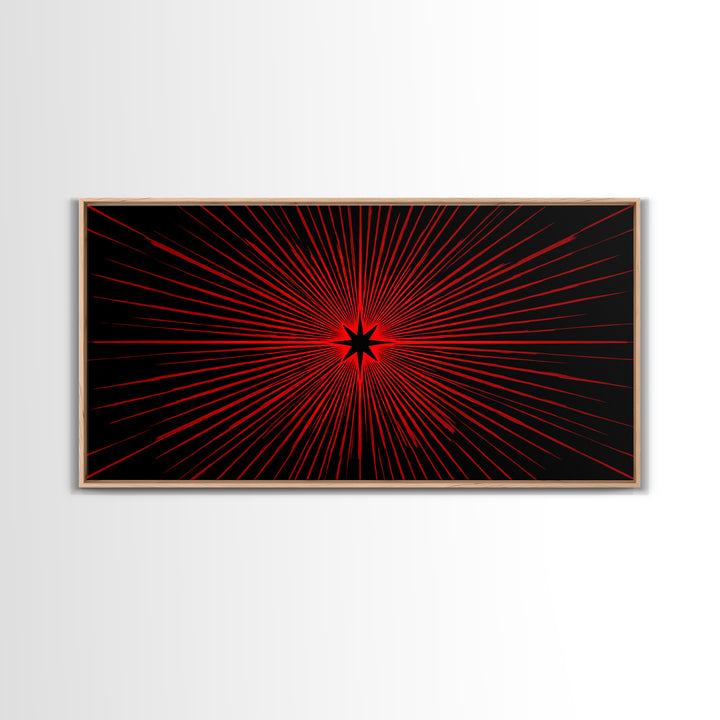 Red Starburst On Black Wall Art, Midcentury Modern Op Art Poster, Atomic Sunburst Canvas Print, Bold Geometric MCM Decor