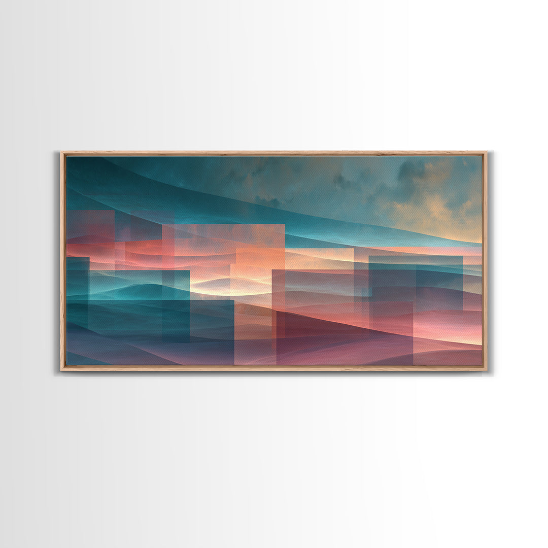 Layered Sunset Mountain Geometry Wall Art, Midcentury Modern Art Print, Teal Pink Landscape Decor, Abstract Home Office Art