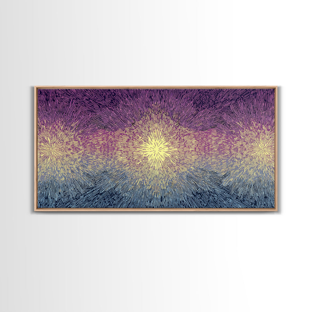 Purple Gold Radiant Burst Wall Art, Midcentury Modern Abstract Print, Spiritual Sun Decor, Funky Geometric Home Office Art