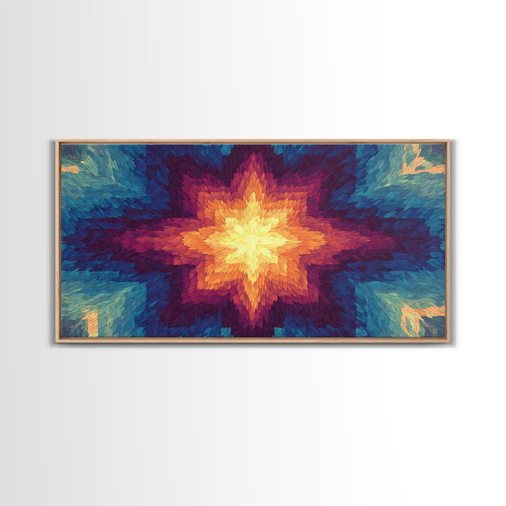 Rainbow Kaleidoscope Starburst Canvas Print, Colorful Midcentury Wall Art, Modern Abstract Art Print, Bold Geometric Decor