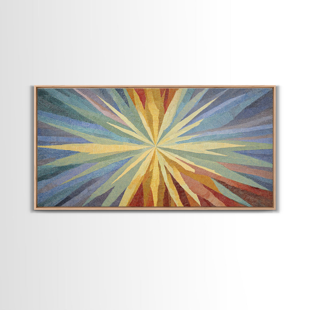 Woven Sunburst Rays Abstract Wall Art, Modern Geometric Art Print, Midcentury Canvas Decor, Blue Yellow Statement Piece Art
