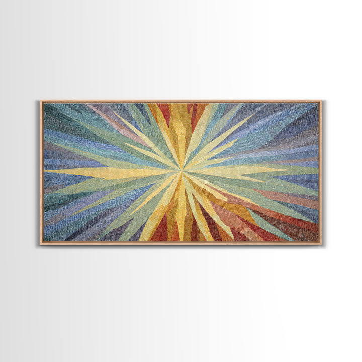 Woven Sunburst Rays Abstract Wall Art, Modern Geometric Art Print, Midcentury Canvas Decor, Blue Yellow Statement Piece Art